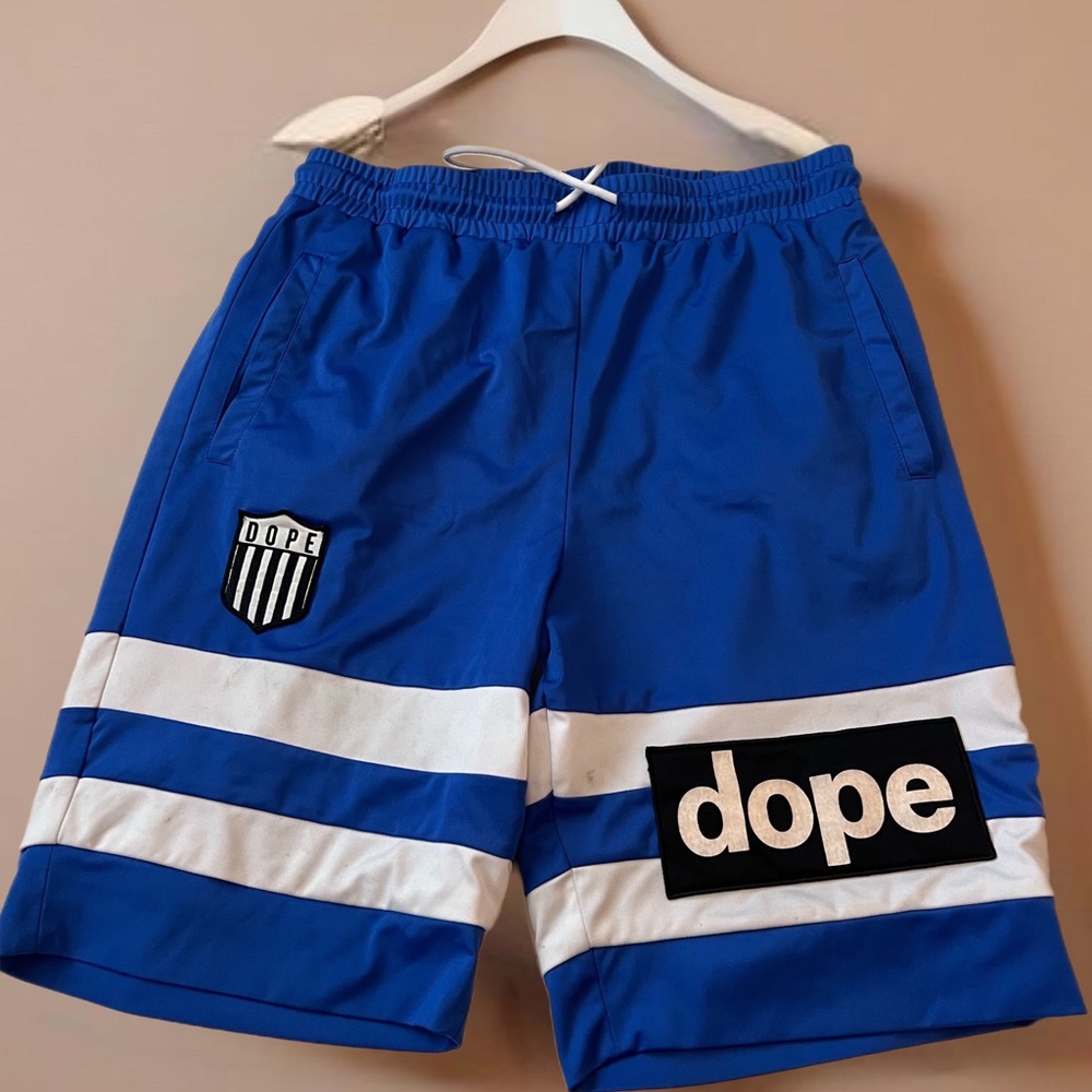 Dope Brand Blue Athletic Shorts with White Stripes - Size Large